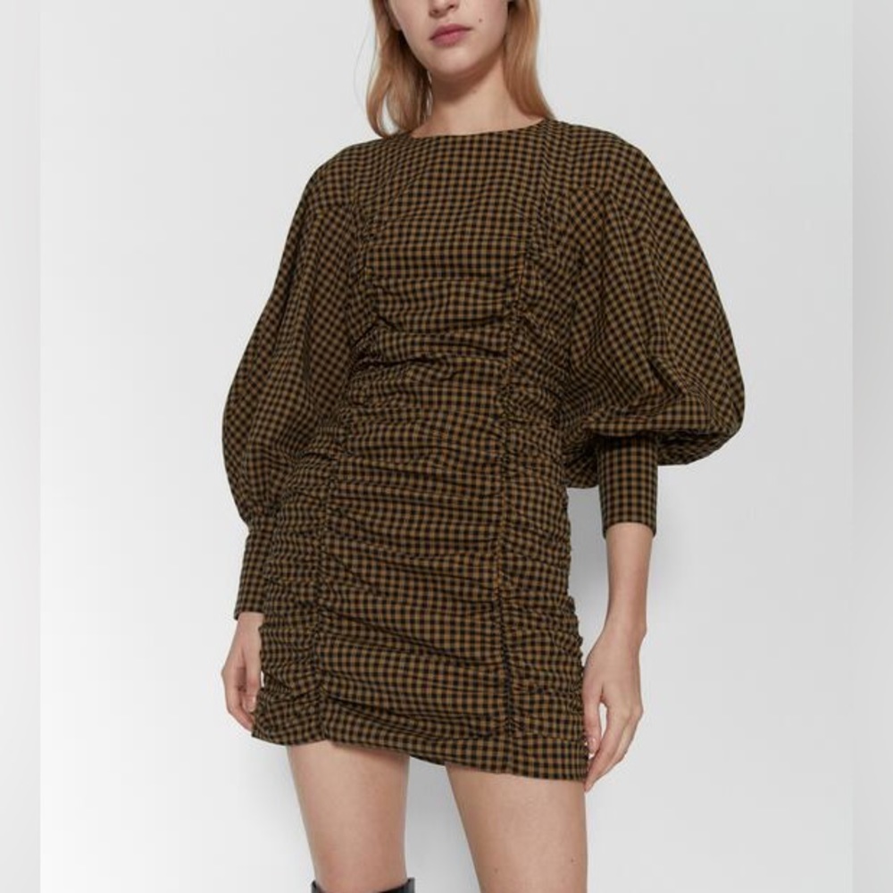 Zara Brown Gingham Puff Sleeve Mini Dress Size XS